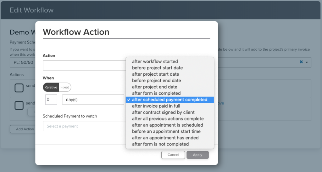 Dubsado workflow timing - options available when you design workflows