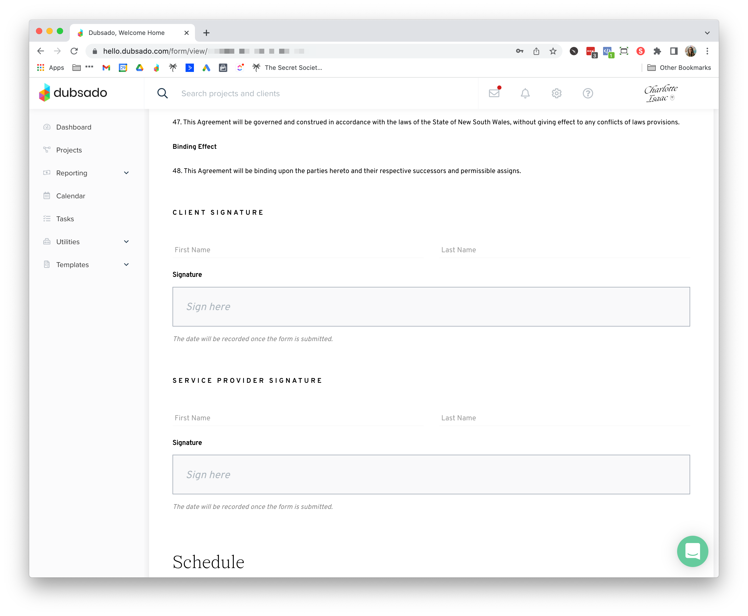 Screenshot of Dubsado Contract Template - a task you can automate